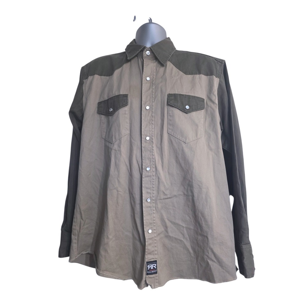Real Ranch Workwear Mens XL Western Pearl Snap Shirt Two Tone Tan Olive Green